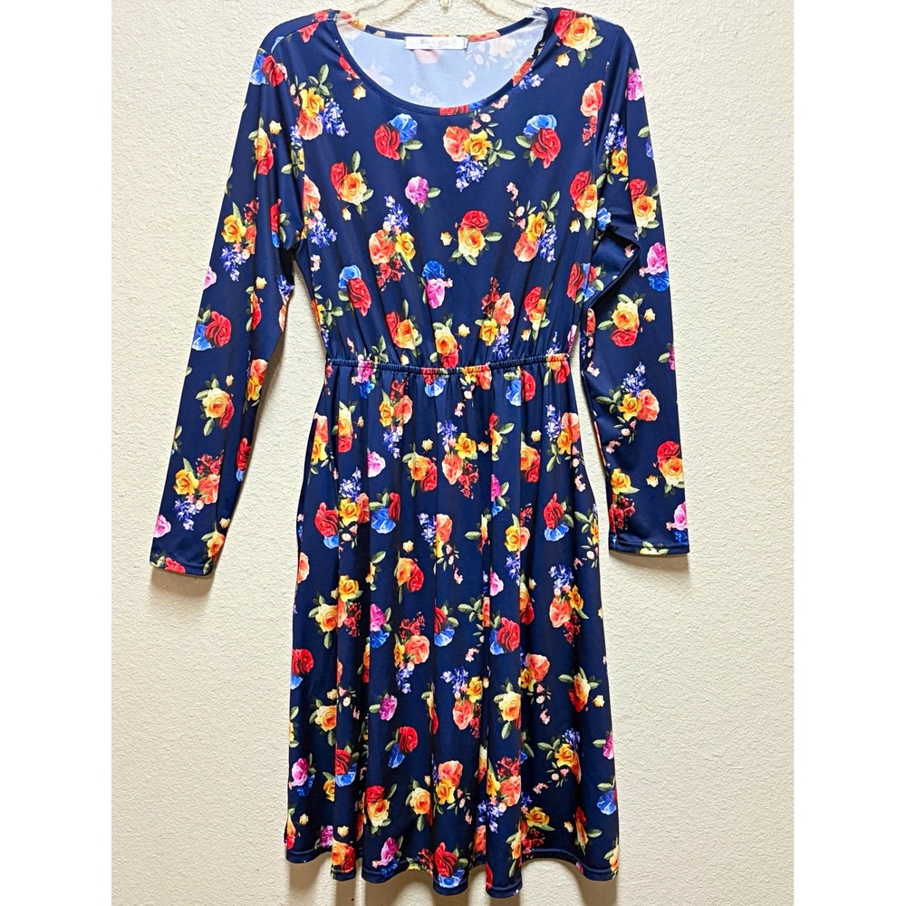 Meaveor Women's Navy Floral Knit Stretch Pullover Dress Scoop Neck L